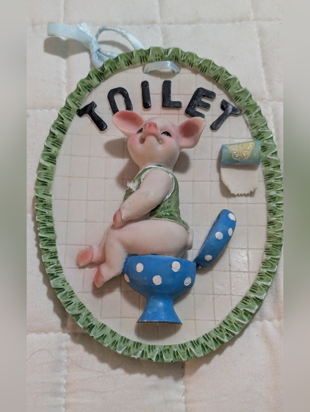 Vintage 3D Resin Pig Wall Plaque Green Shirt Blue Toilet Bathroo Door Sign